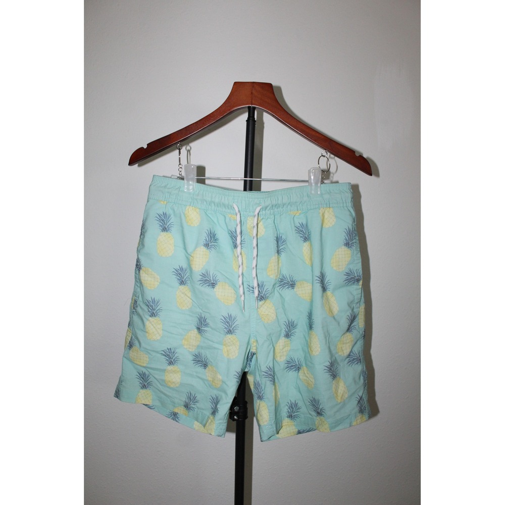 Goodfellow & Co Mens Teal Pineapple Print Swim Trunks Size Small Drawstring Mesh